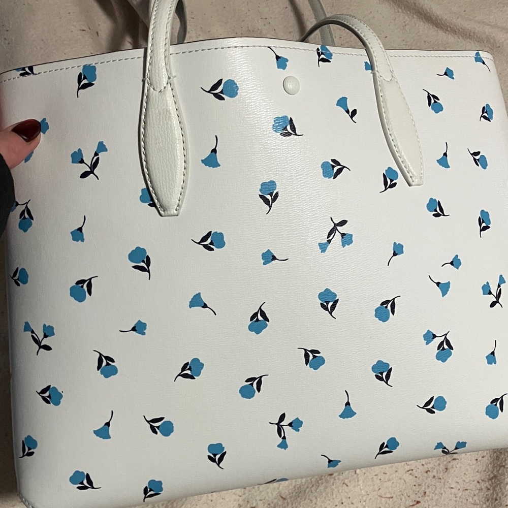 Kate Spade White Tote with Blue Floral Design with free gift - Picture 4 of 12